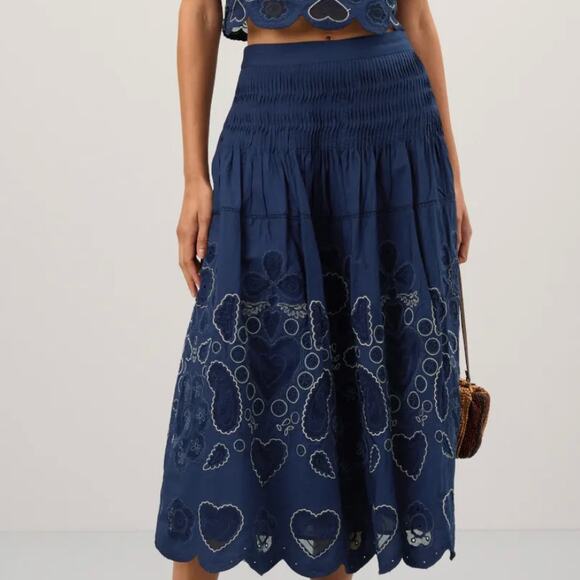 SEA Blue Eyelet Full Midi Skirt SIZE 4 Embroidered Prairie Western Designer $485 - Picture 1 of 13